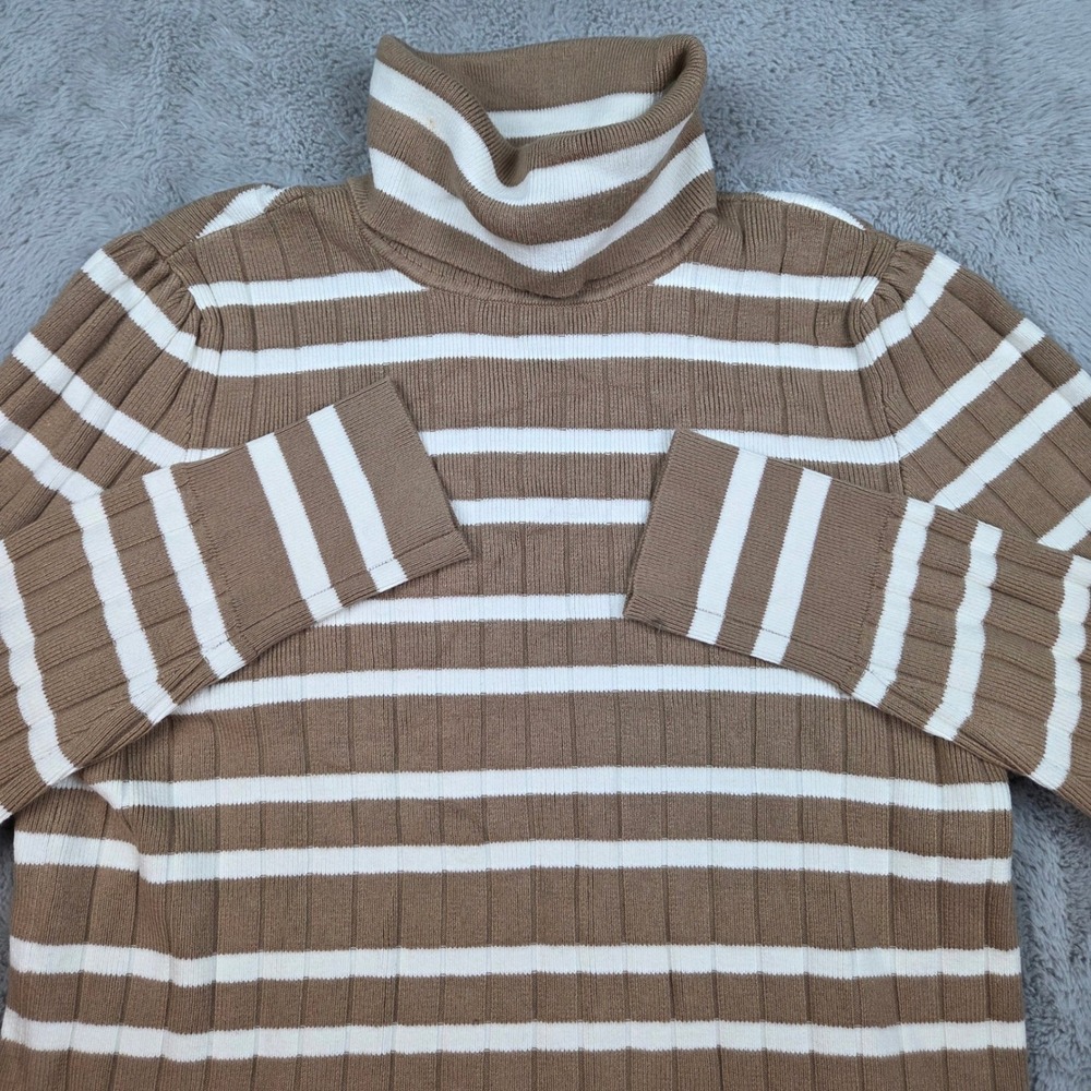 Talbots Turtleneck Sweater Womens L Ribbed Knit Striped Long Sleeve Tan White